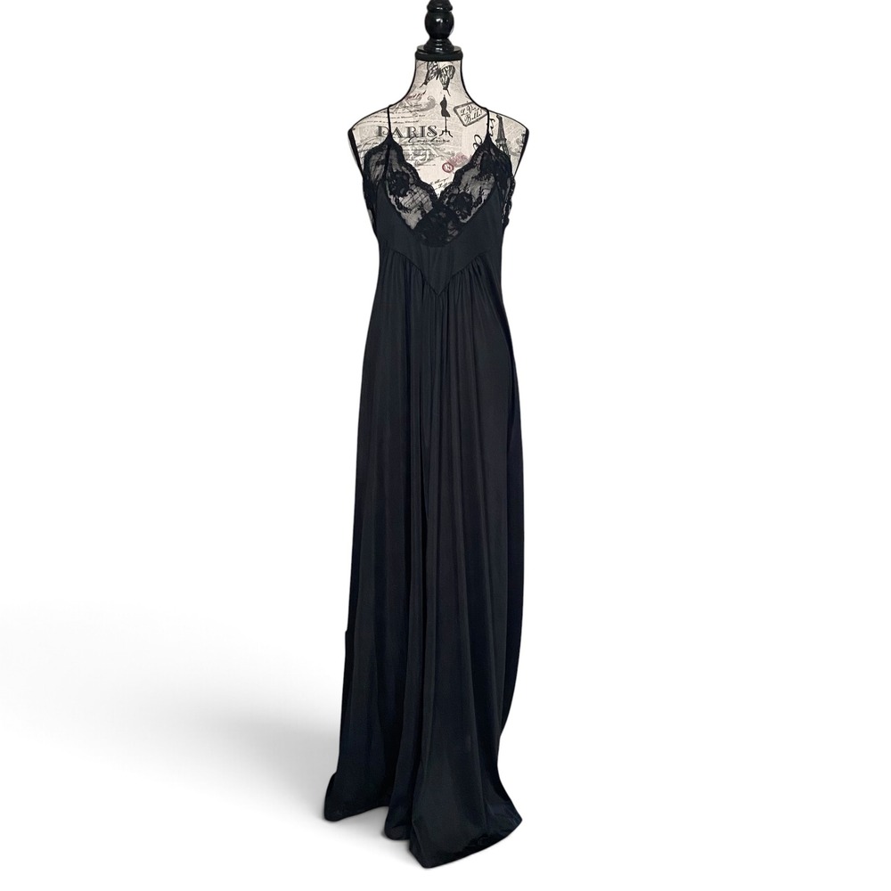 Shadowline Nightgown Womens Large Black Lace Trim Vintage Maxi Dress